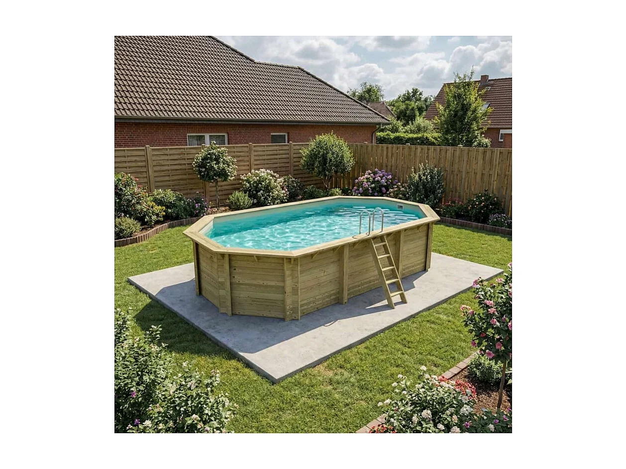 Piscina in legno NEMO 7.3 x 3.97 - H.1.45 m, sabbia, con supporti fissati al calcestruzzo - BAS7305OSPL3 - ALTANKA