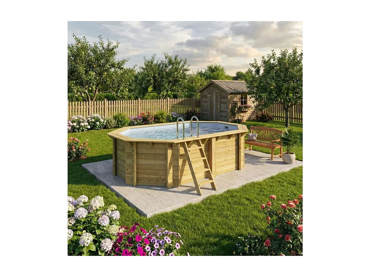 Piscina in legno NEMO 4.3 x 3 - H.1.18 m, grigio, con supporti fissati al calcestruzzo - BAS7302OSPL2 - ALTANKA