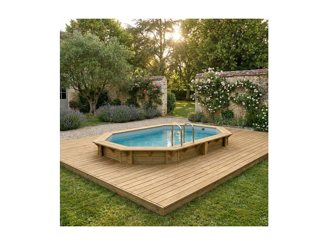 Piscina in legno NEMO 4.3 x 3 - H.1.18 m, grigio, con supporti fissati al calcestruzzo - BAS7302OSPL2 - ALTANKA