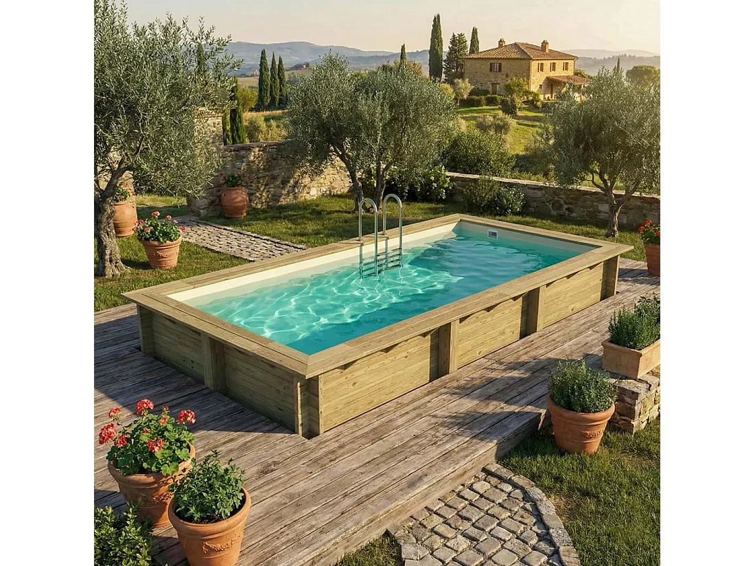 Piscina in legno AQUA 6.1 x 2.85 - H.1.31 m, sabbia, con supporti fissati al calcestruzzo - BAS7307OSPL3 - ALTANKA