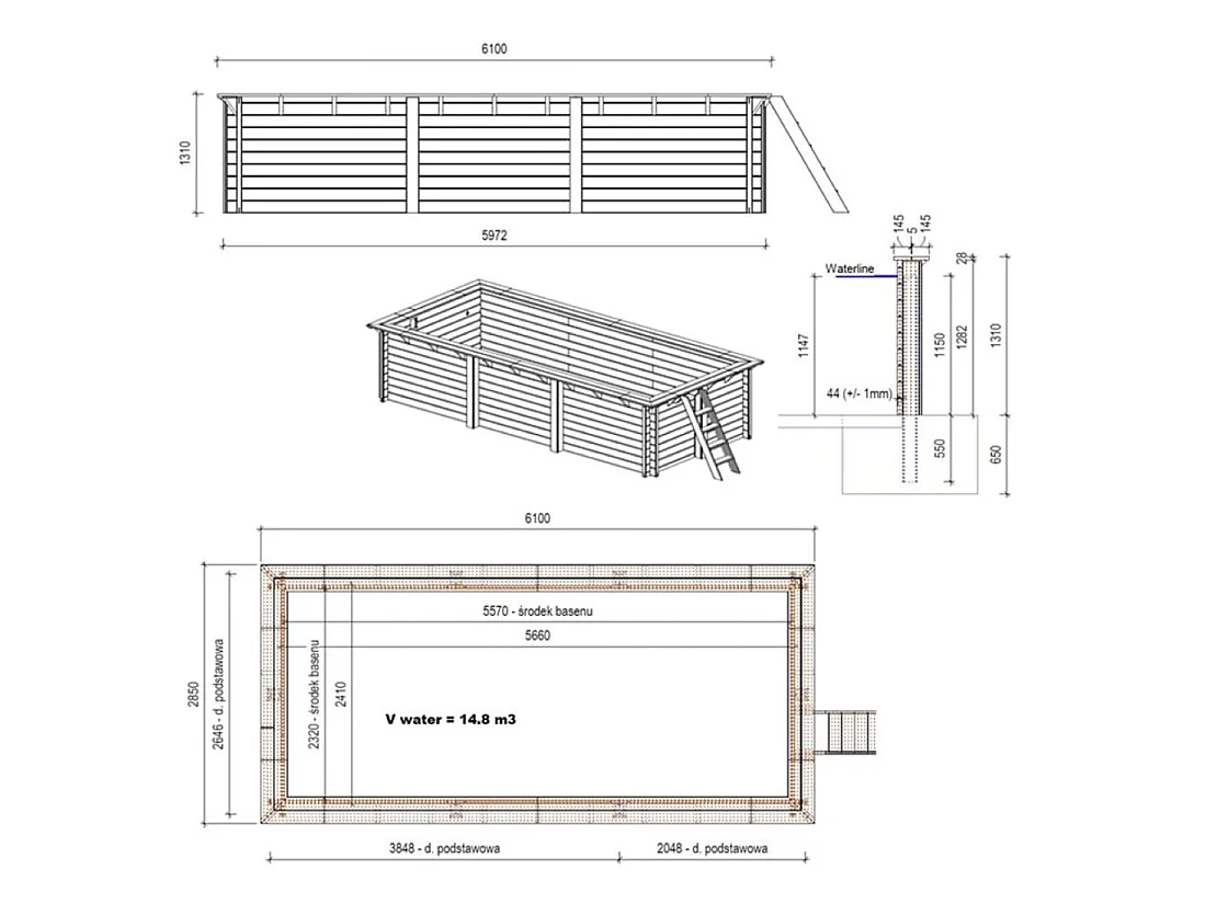 Piscina in legno AQUA 6.1 x 2.85 - H.1.31 m, sabbia, con supporti fissati al calcestruzzo - BAS7307OSPL3 - ALTANKA