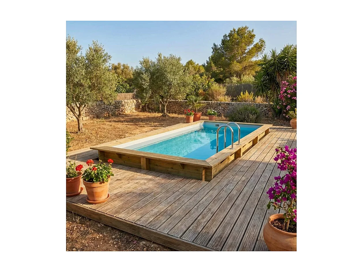 Piscina in legno AQUA 6.1 x 2.85 - H.1.31 m, grigio, con supporti fissati al calcestruzzo - BAS7307OSPL2 - ALTANKA