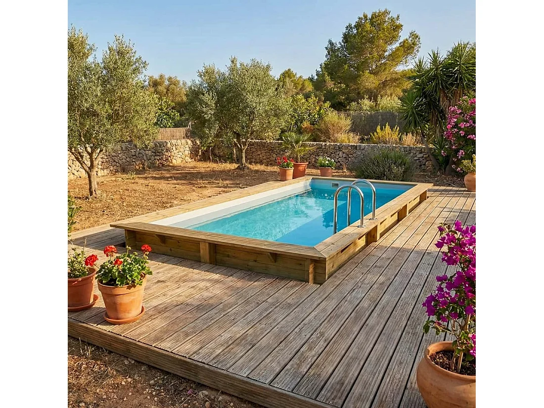 Piscina in legno AQUA 6.1 x 2.85 - H.1.31 m, grigio, con supporti fissati al calcestruzzo - BAS7307OSPL2 - ALTANKA