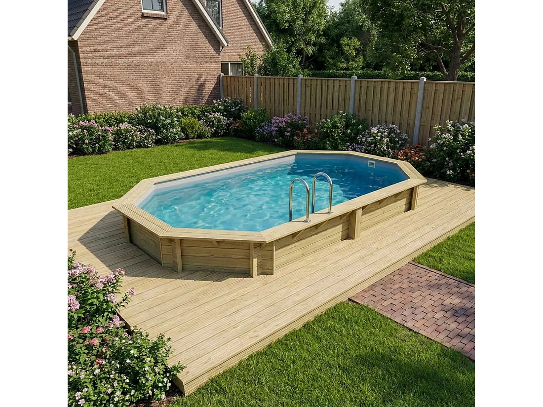 Piscina in legno NEMO 5.79 x 3.49 - H.1.45 m, grigio, con supporti fissati al calcestruzzo - BAS7304OSPL2 - ALTANKA