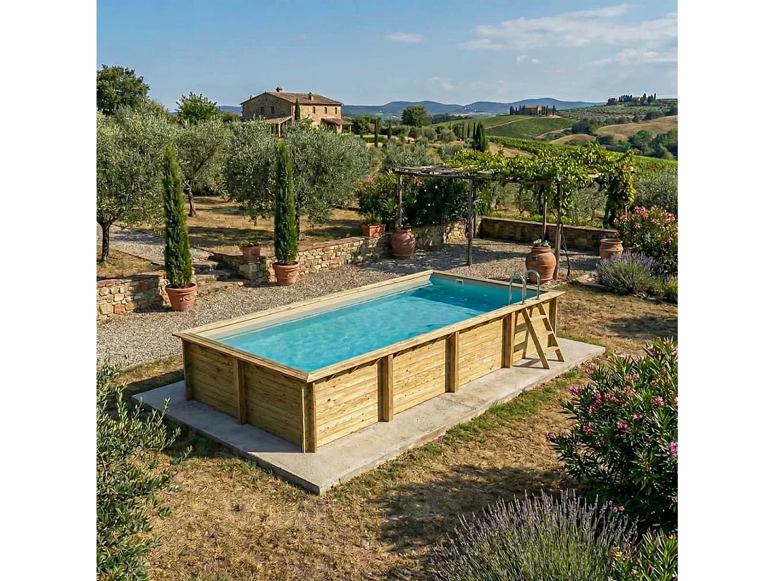 Piscina in legno AQUA 8.5 x 4.35 - H.1.45 m, sabbia, con supporti fissati al calcestruzzo - BAS7309OSPL3 - ALTANKA