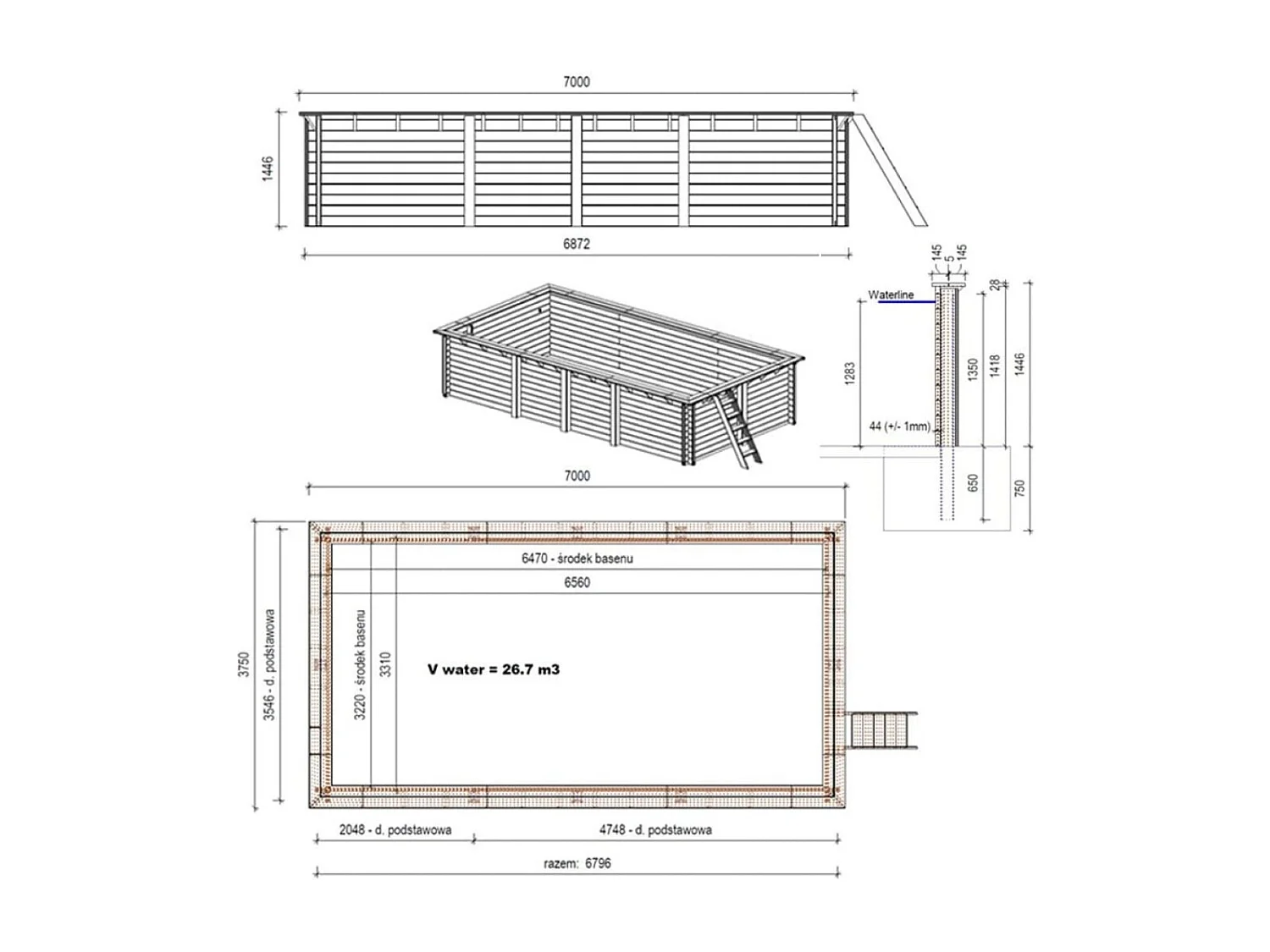 Piscina in legno  7 x 3.75 - H.1.45 m, ,  - BAS7308OSPL2 - ALTANKA