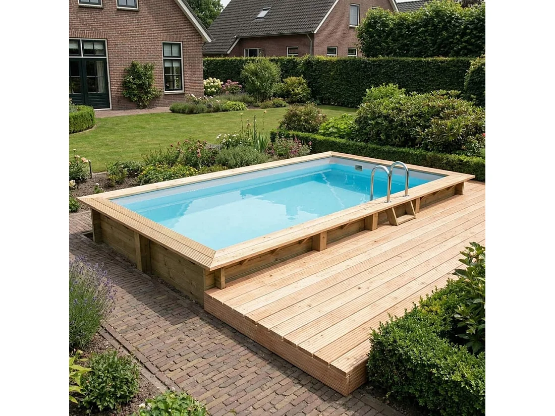 Piscina in legno AQUA 7 x 3.75 - H.1.45 m, grigio, con supporti fissati al calcestruzzo - BAS7308OSPL2 - ALTANKA