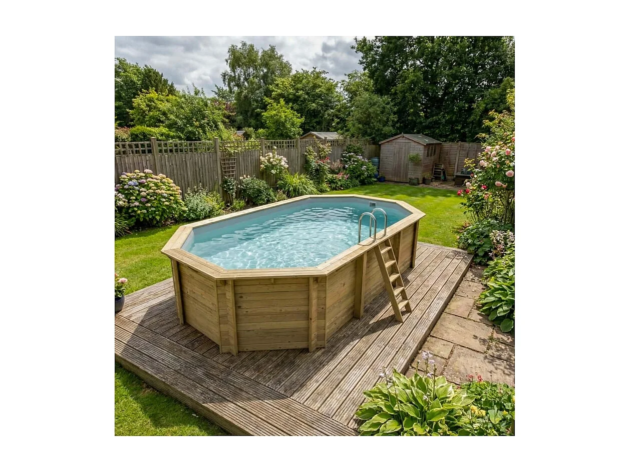 Piscina in legno NEMO 7.3 x 3.97 - H.1.45 m, grigio, con supporti fissati al calcestruzzo - BAS7305OSPL2 - ALTANKA