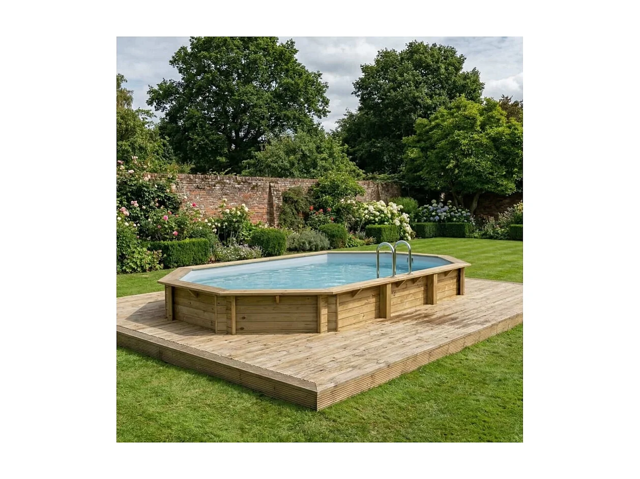 Piscina in legno NEMO 7.3 x 3.97 - H.1.45 m, grigio, con supporti fissati al calcestruzzo - BAS7305OSPL2 - ALTANKA