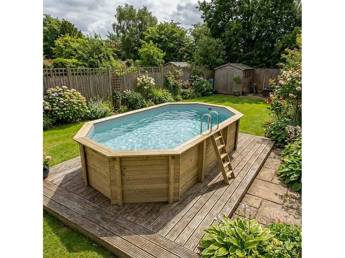 Piscina in legno NEMO 7.3 x 3.97 - H.1.45 m, grigio, con supporti fissati al calcestruzzo - BAS7305OSPL2 - ALTANKA