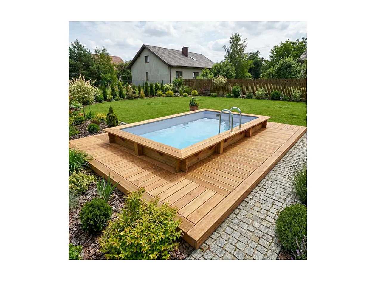 Piscina in legno AQUA 4.65 x 2.85 - H.1.24 m, grigio, con supporti fissati al calcestruzzo - BAS7306OSPL2 - ALTANKA