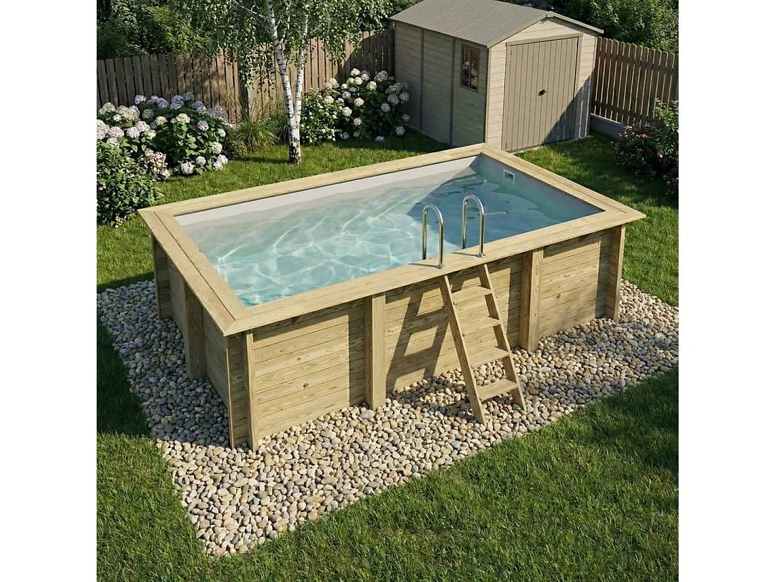 Piscina in legno AQUA 4.65 x 2.85 - H.1.24 m, grigio, con supporti fissati al calcestruzzo - BAS7306OSPL2 - ALTANKA