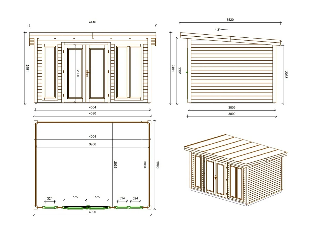 Casetta da giardino in legno Kira 4,04x3,09 m - 12 m2 - 34 mm - 000008 - ALTANKA