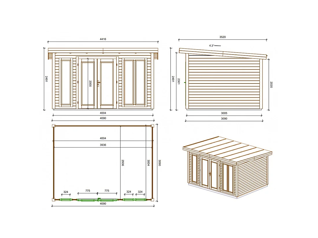 Casetta da giardino in legno Kira 4,04x3,09 m - 12 m2 - 34 mm - 000008 - ALTANKA