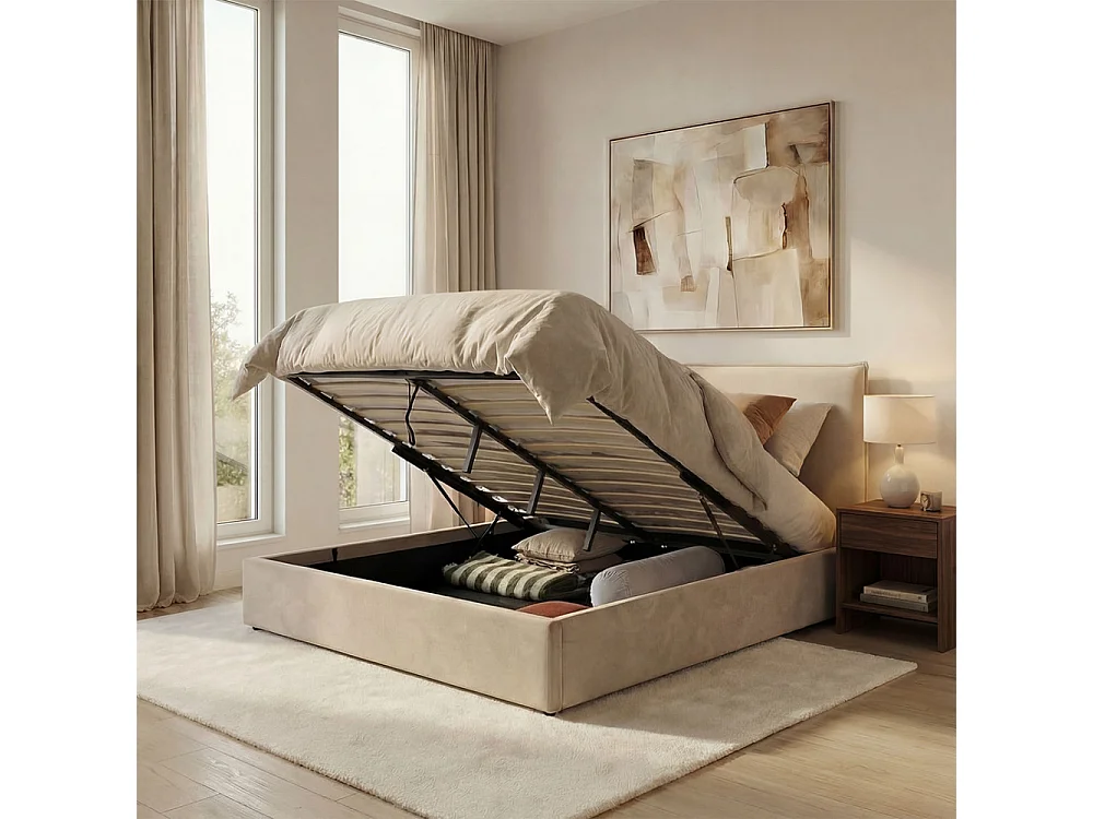 Cama - Lit coffre en tissu 180x200cm - Beige
