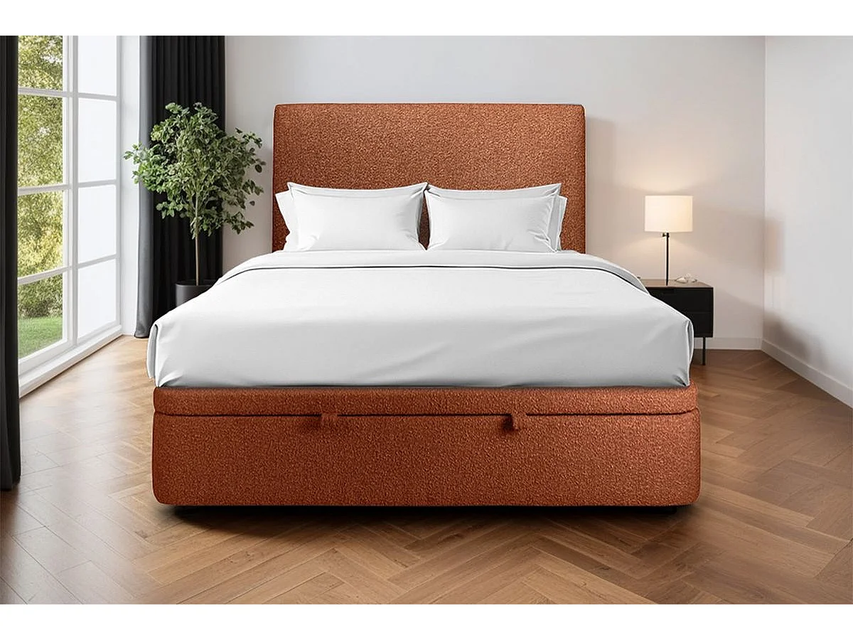 Lit coffre 140x200cm avec tête de lit tapissier Bouclette Terracotta - Hauteur totale : 39cm