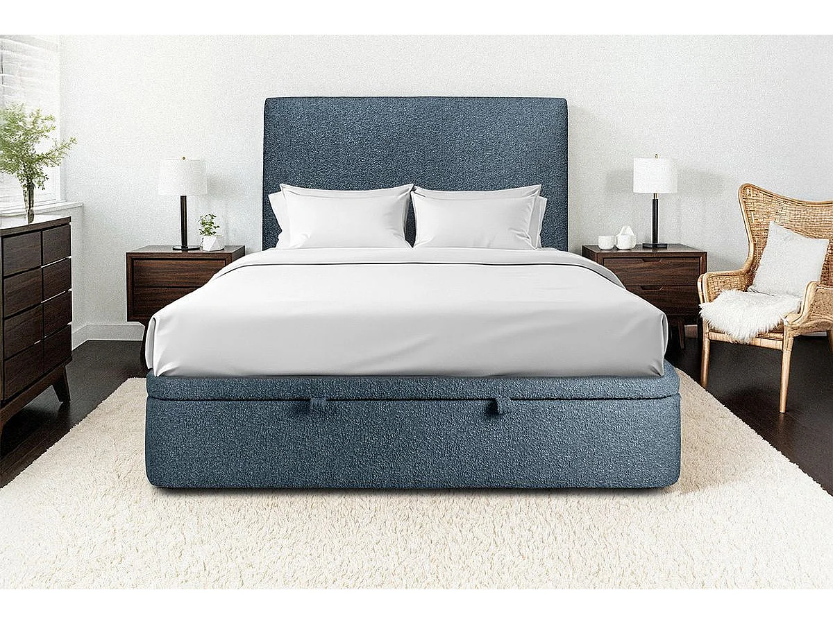 Lit coffre 160x200cm avec tête de lit tapissier Bouclette Bleu - Hauteur totale : 39cm