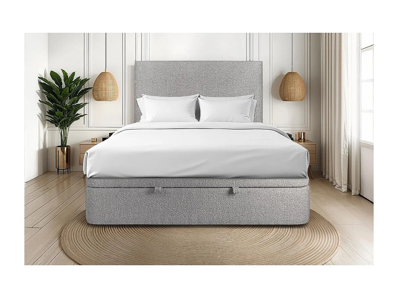 Lit coffre 160x200cm avec tête de lit tapissier Bouclette Gris - Hauteur totale : 39cm