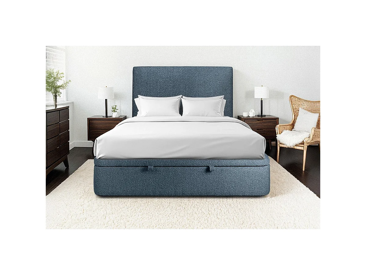 Lit coffre 140x190cm avec tête de lit tapissier Bouclette Bleu - Hauteur totale : 39cm