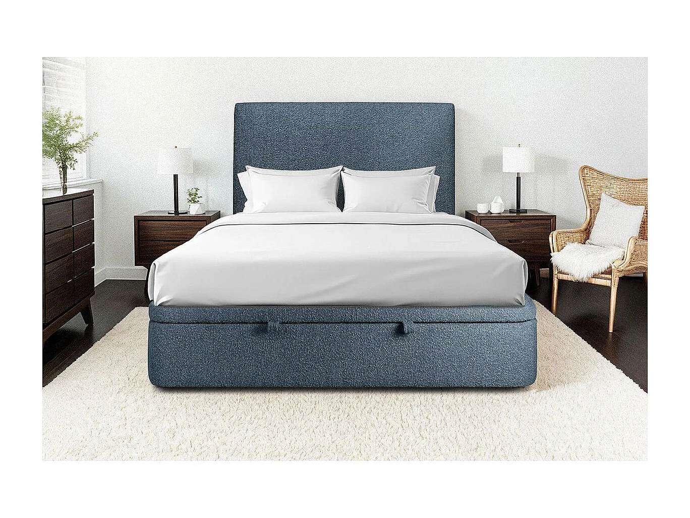 Lit coffre 180x200cm avec tête de lit tapissier Bouclette Bleu - Hauteur totale : 39cm