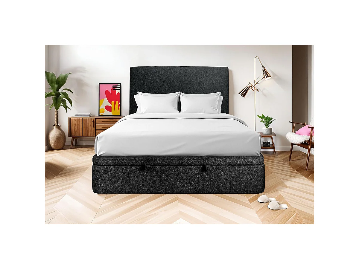 Lit coffre 140x200cm avec tête de lit tapissier Bouclette Noir - Hauteur totale : 39cm