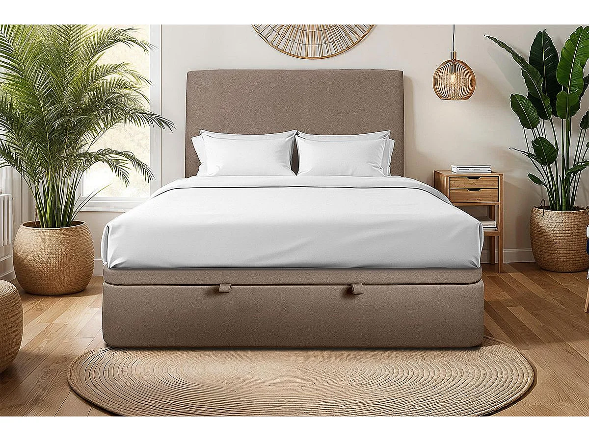 Lit coffre 140x190cm avec tête de lit tapissier Velours Taupe - Hauteur totale : 39cm