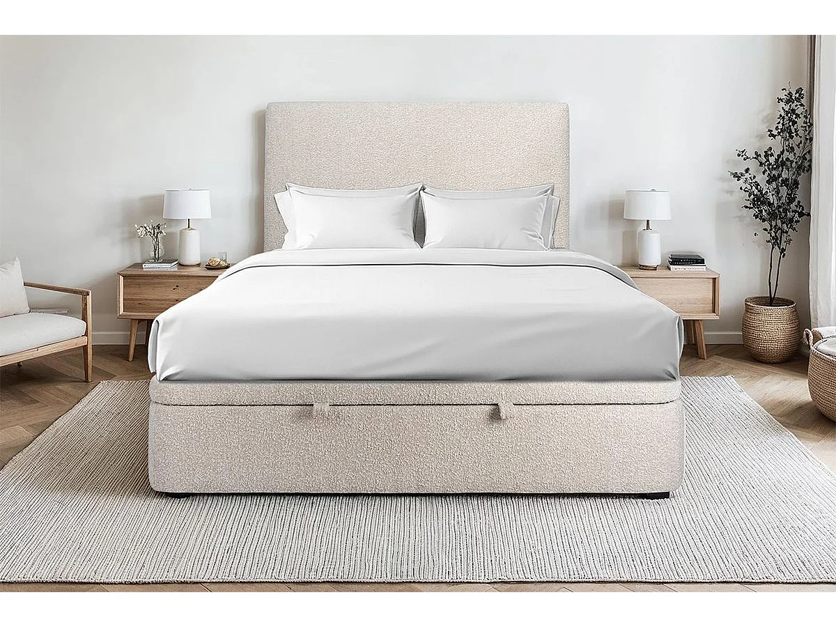 Lit coffre 160x200cm avec tête de lit tapissier Bouclette Beige - Hauteur totale : 39cm