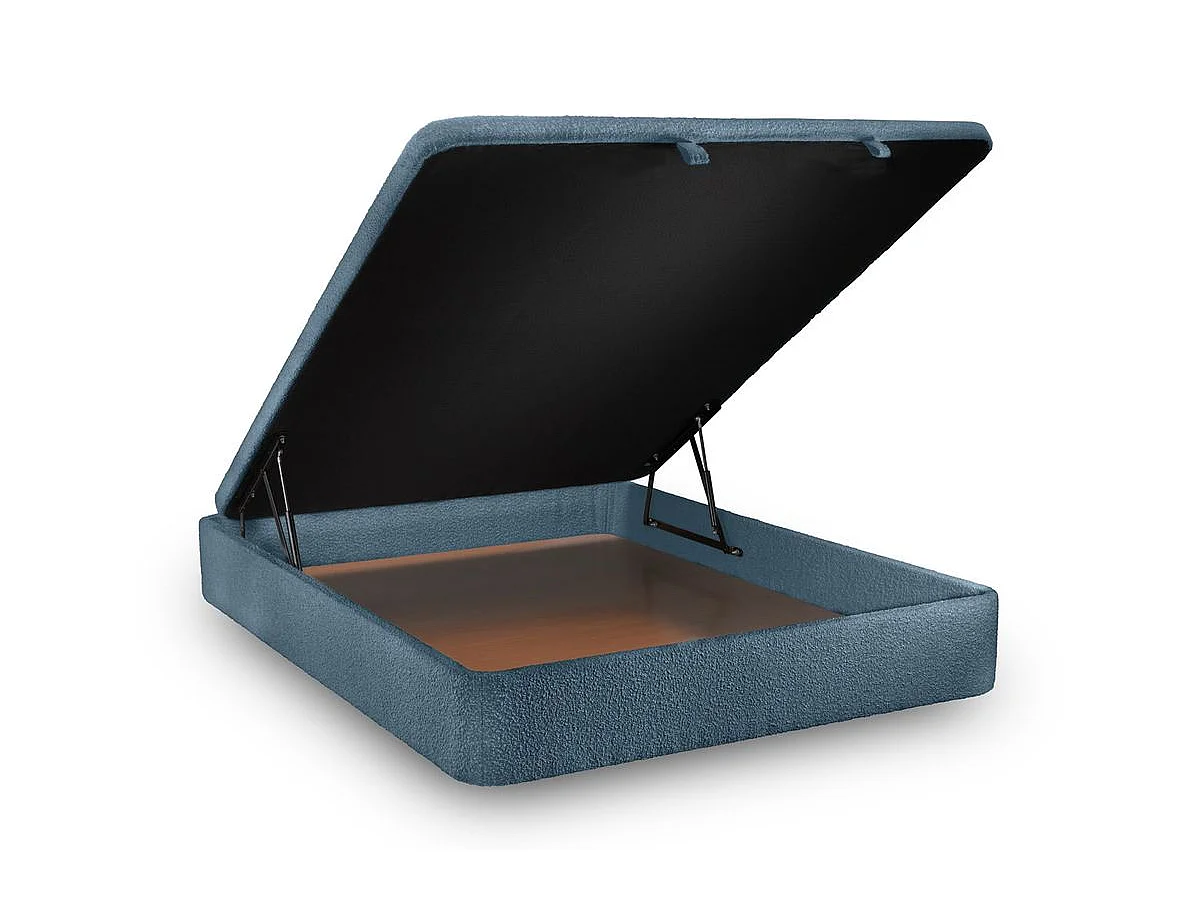 Lit coffre 200x200cm avec tête de lit tapissier Bouclette Bleu - Hauteur totale : 39cm