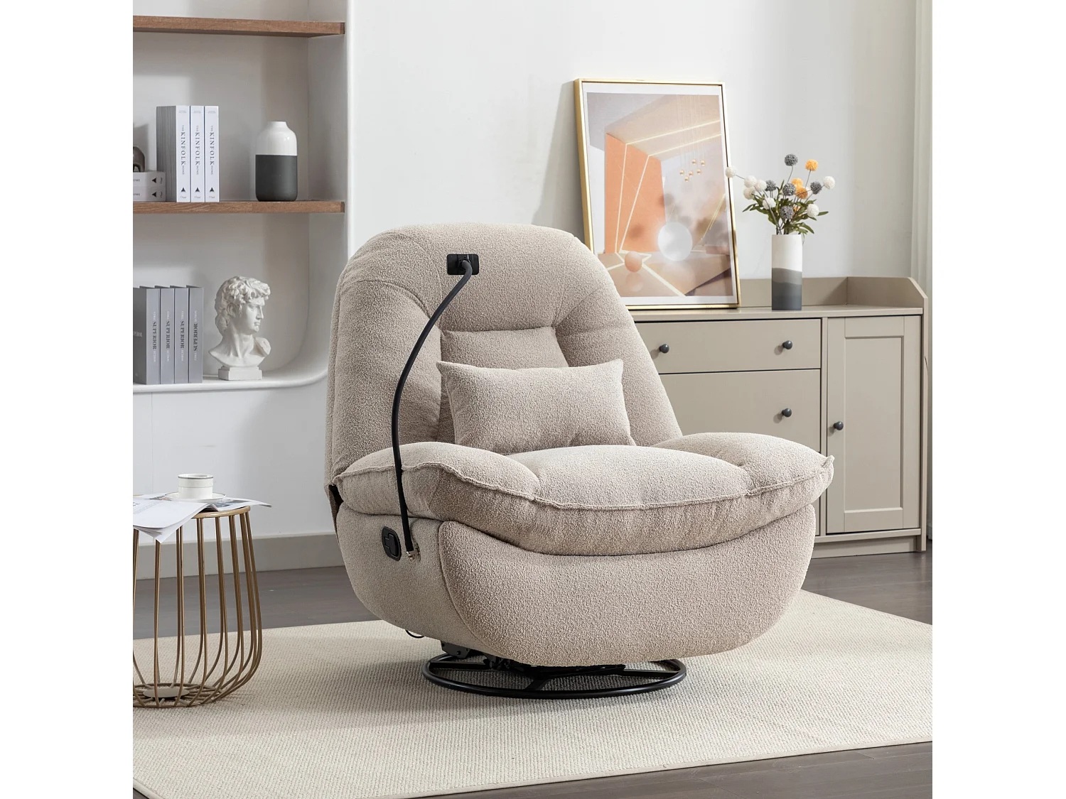 Fallon Boucle Fabric Swivel Based Recliner Chair Phone Holder
