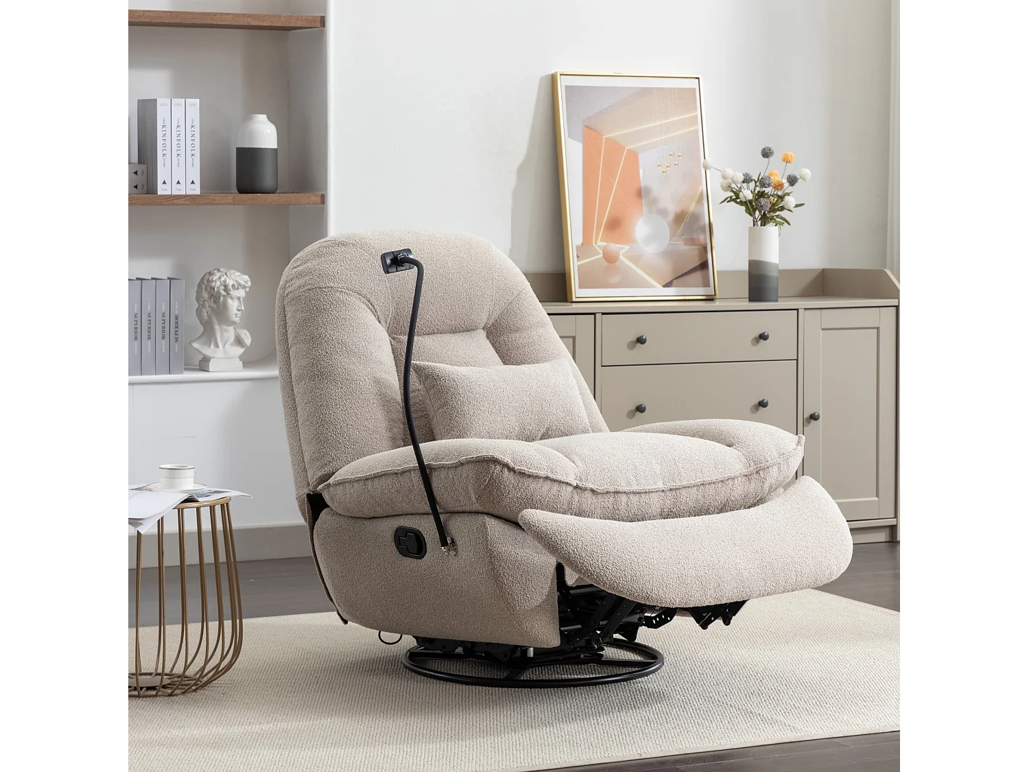 Fallon Boucle Fabric Swivel Based Recliner Chair Phone Holder