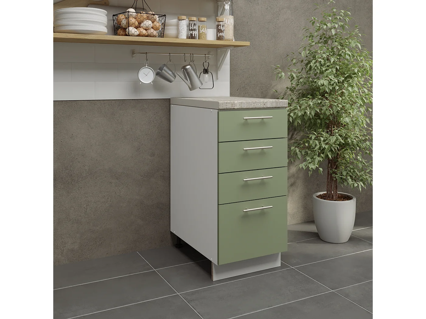 JD Greta Adjustable Legs Kitchen Drawer Unit 400mm Storage Cabinet With Door Shelf 40cm - Sage Green Matt With Worktop
