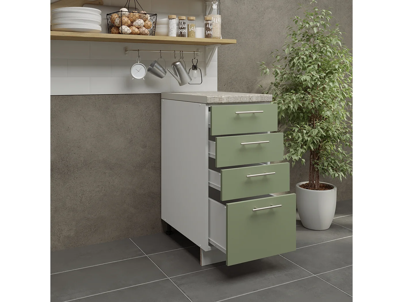 JD Greta Adjustable Legs Kitchen Drawer Unit 400mm Storage Cabinet With Door Shelf 40cm - Sage Green Matt With Worktop