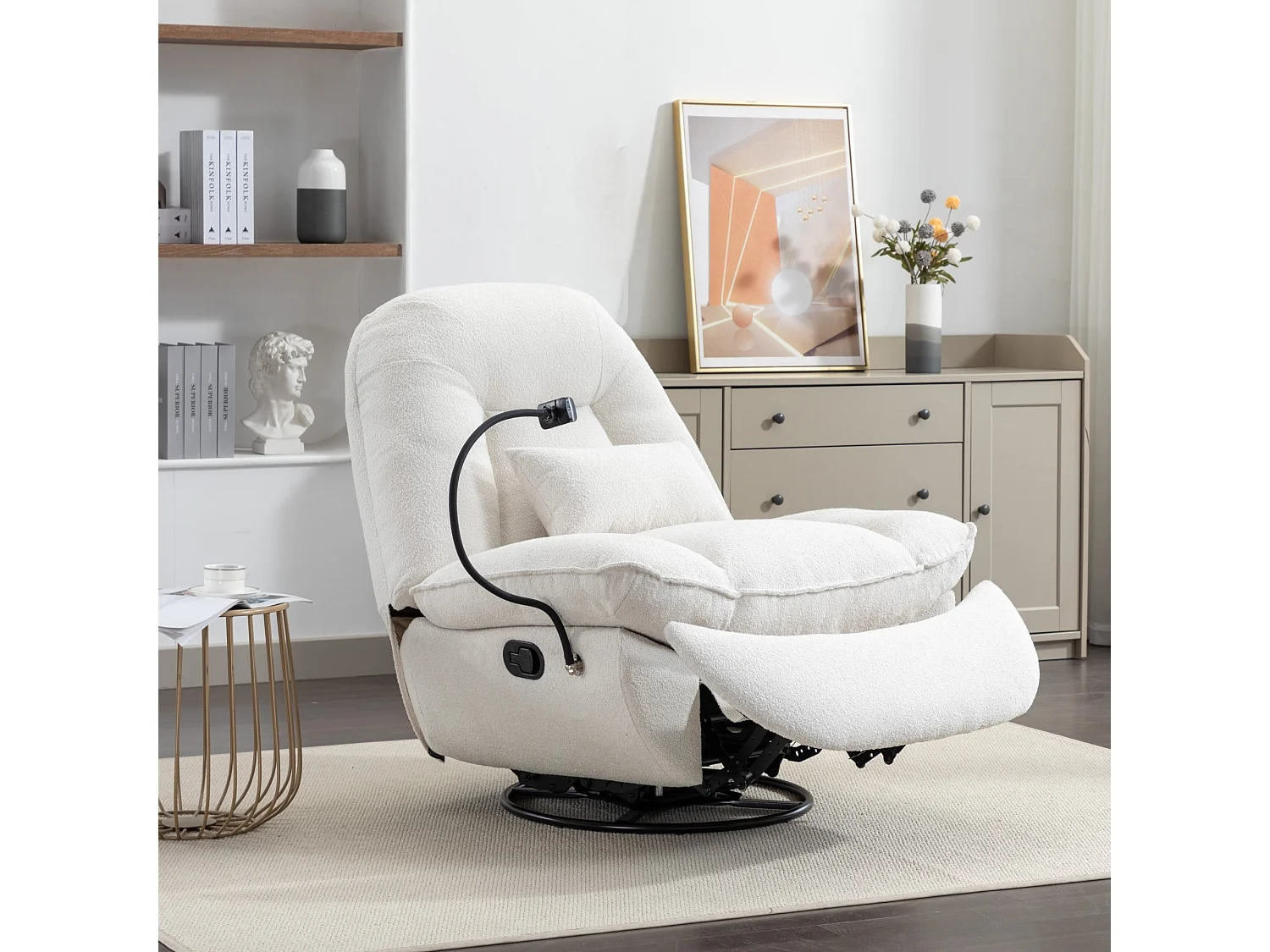 Fallon Boucle Fabric Swivel Based Recliner Chair Phone Holder