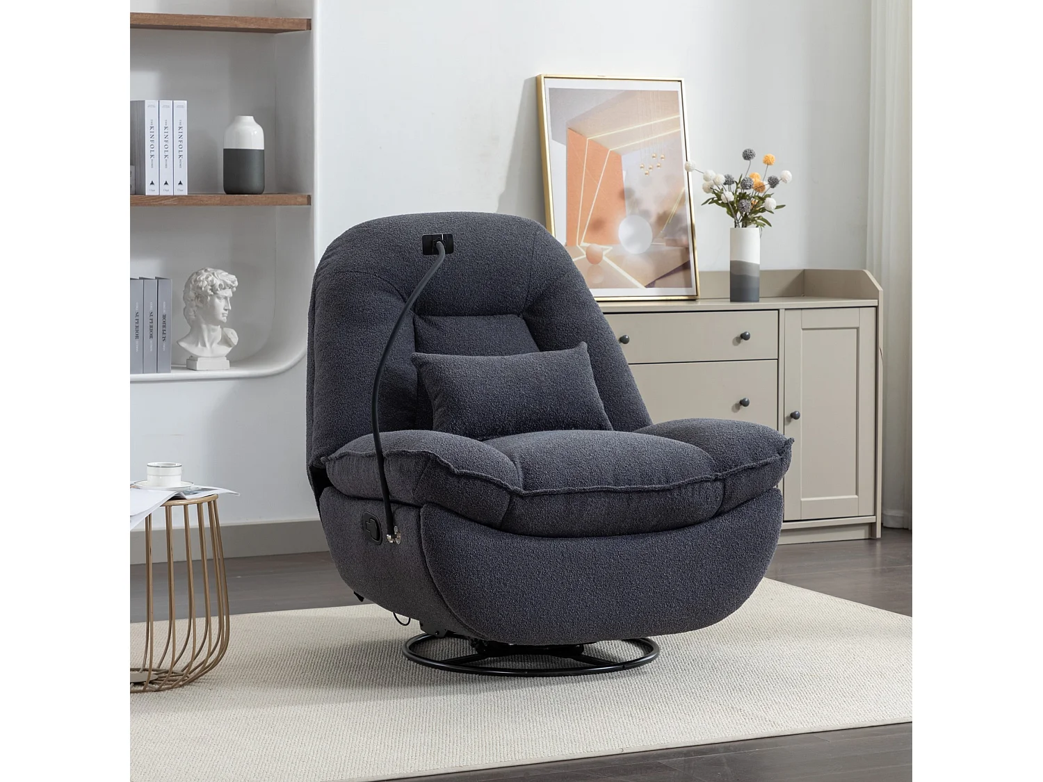 Fallon Boucle Fabric Swivel Based Recliner Chair Phone Holder