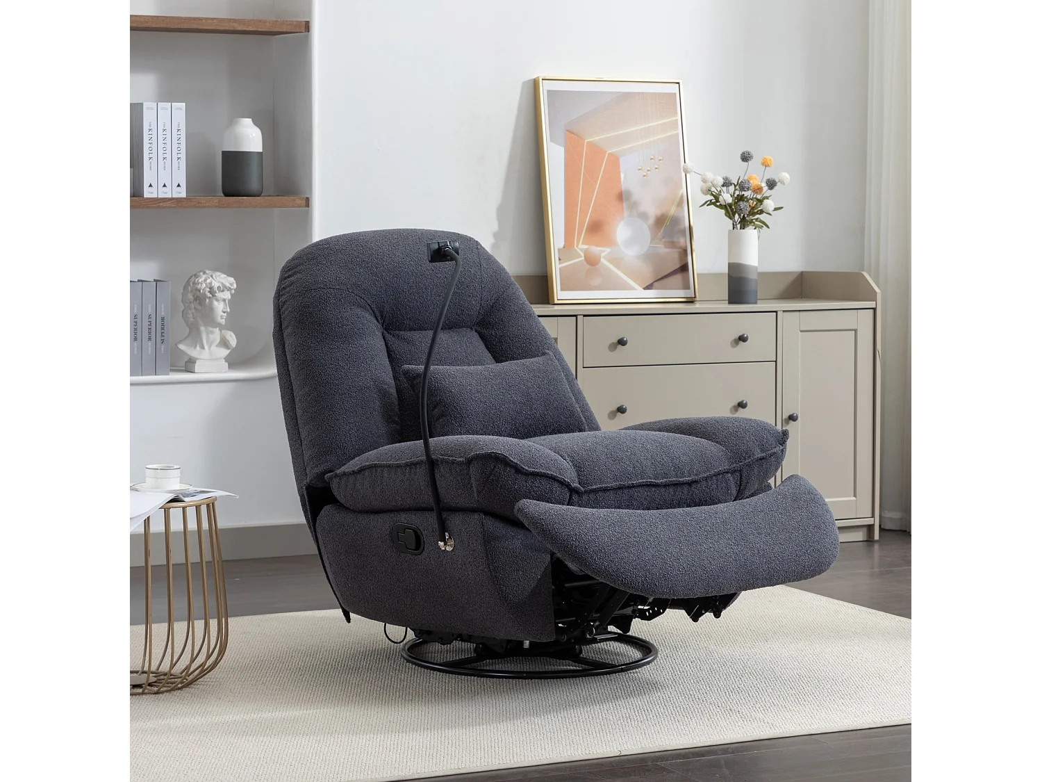 Fallon Boucle Fabric Swivel Based Recliner Chair Phone Holder