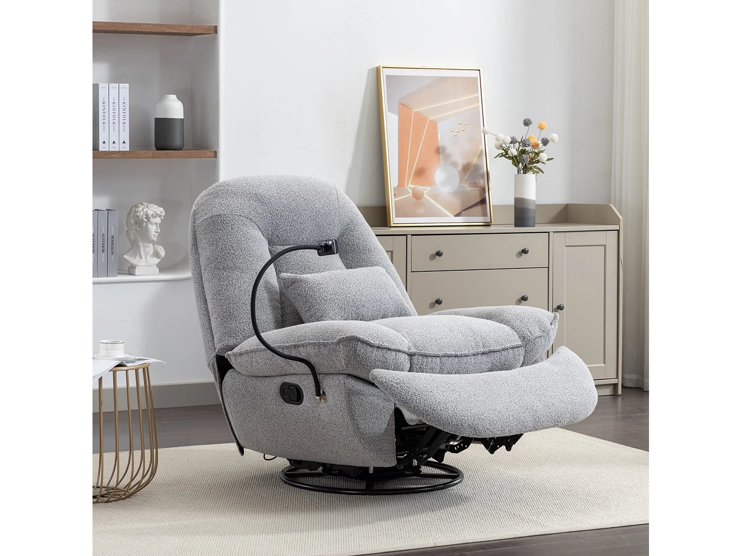 Fallon Boucle Fabric Swivel Based Recliner Chair Phone Holder