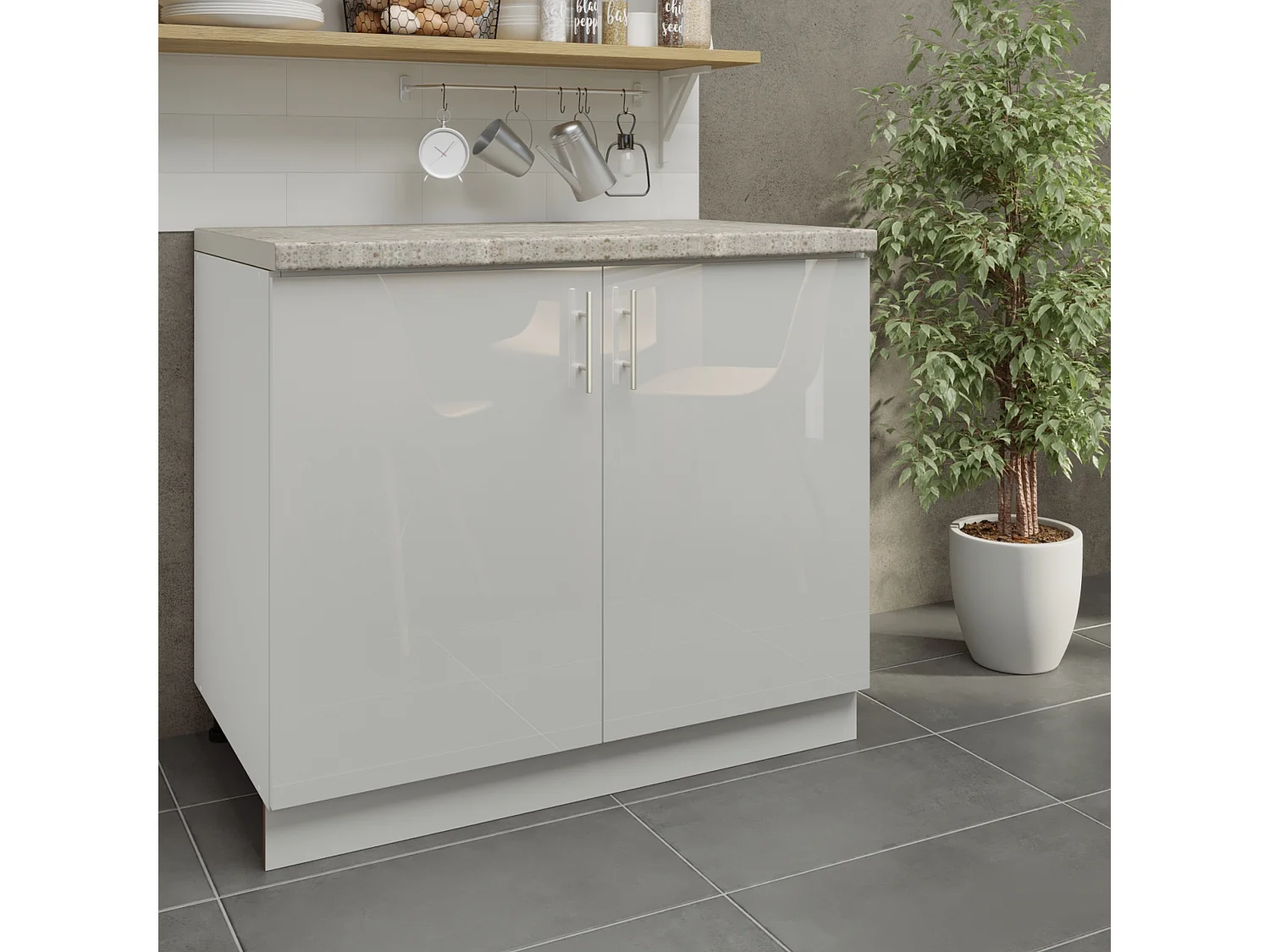 JD Greta Adjustable Legs Kitchen Base Unit 1000mm Storage Cabinet With Door Shelf 100cm - White Gloss With Worktop