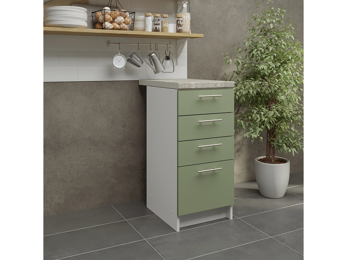 JD Greta Kitchen Base Drawer Unit 400mm Cabinet With Fronts 40cm Sage Green Matt with Worktop