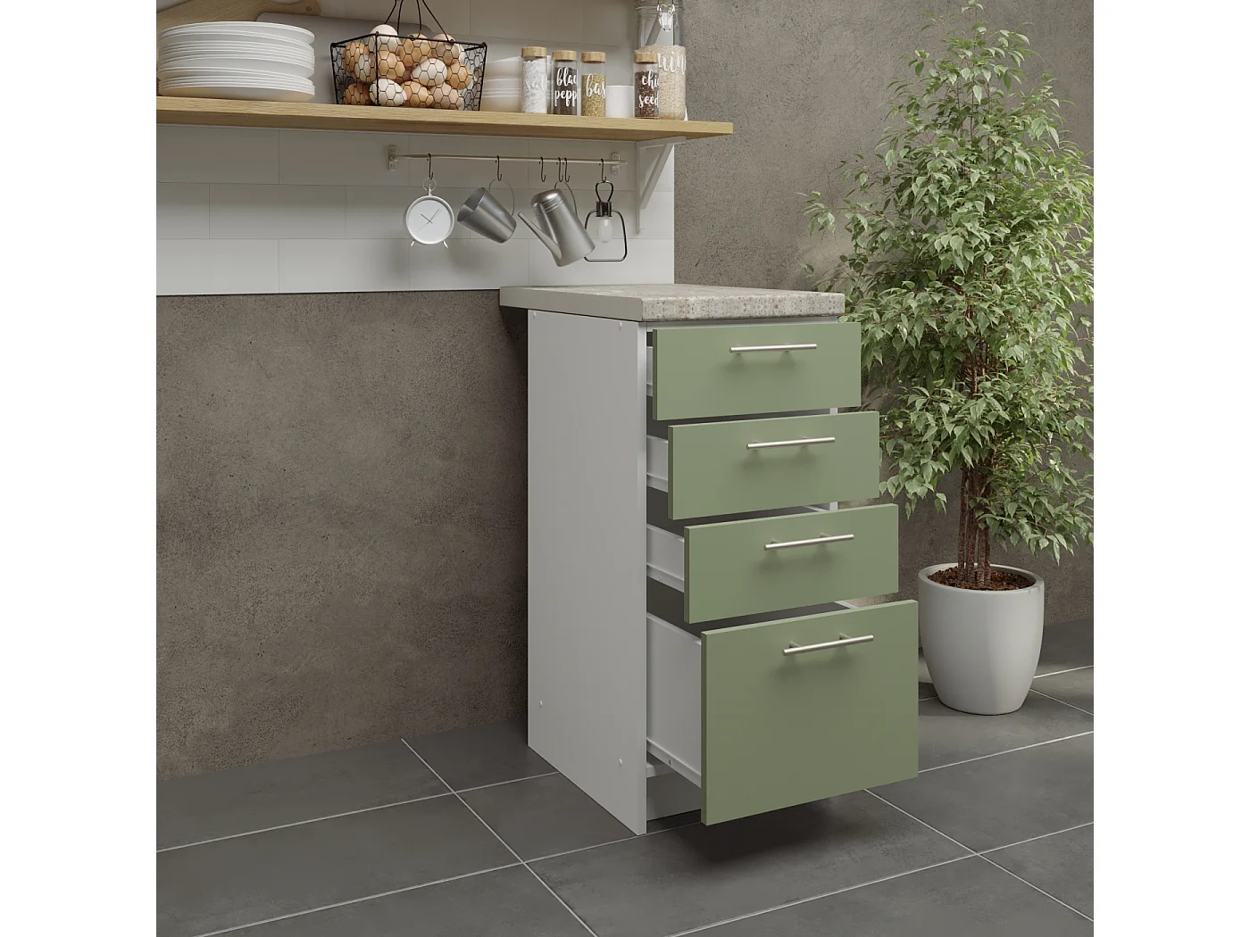 JD Greta Kitchen Base Drawer Unit 400mm Cabinet With Fronts 40cm Sage Green Matt with Worktop