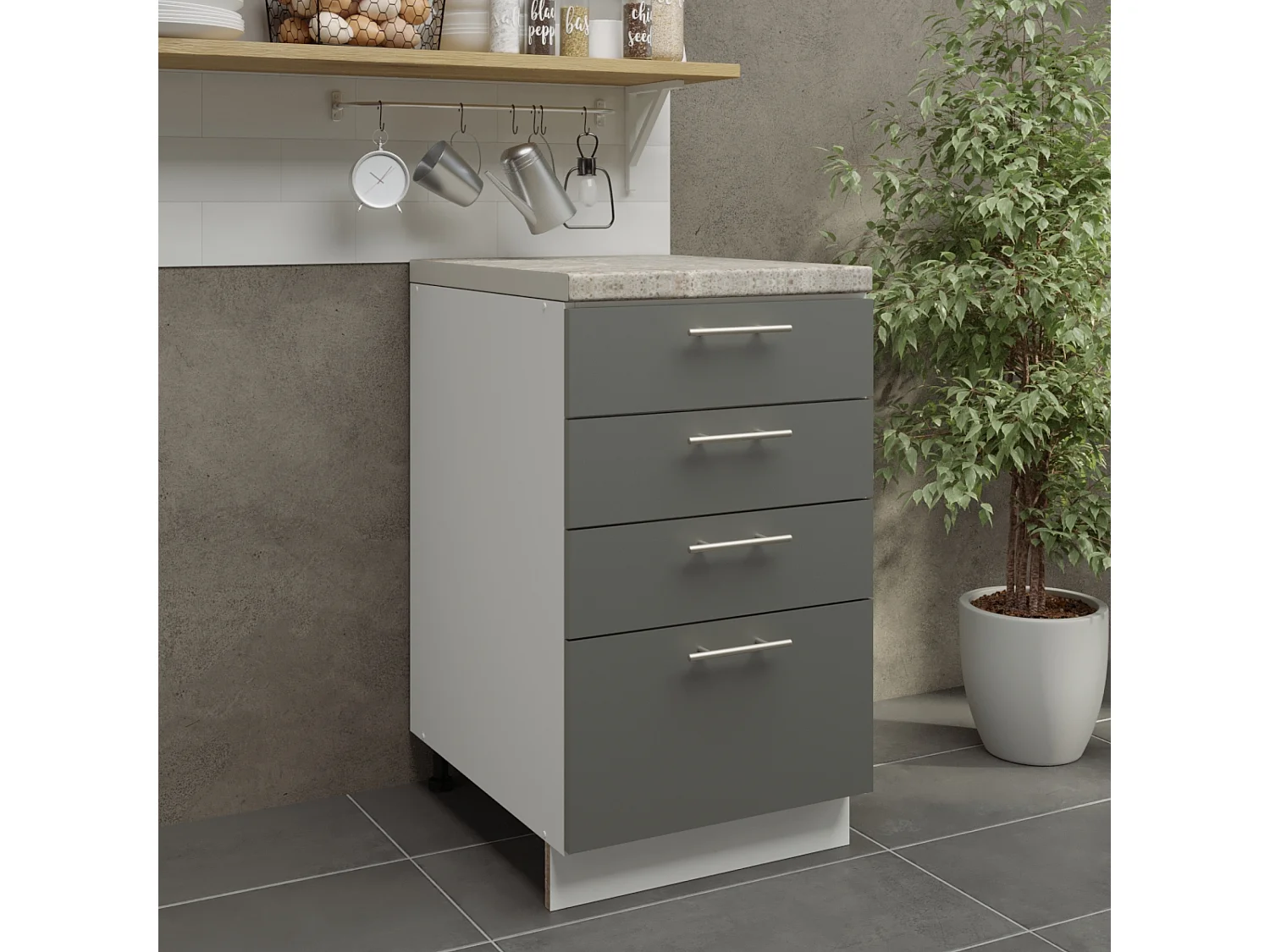 JD Greta Adjustable Legs Kitchen Drawer Unit 500mm Storage Cabinet With Door Shelf 50cm - Grey Matt With Worktop