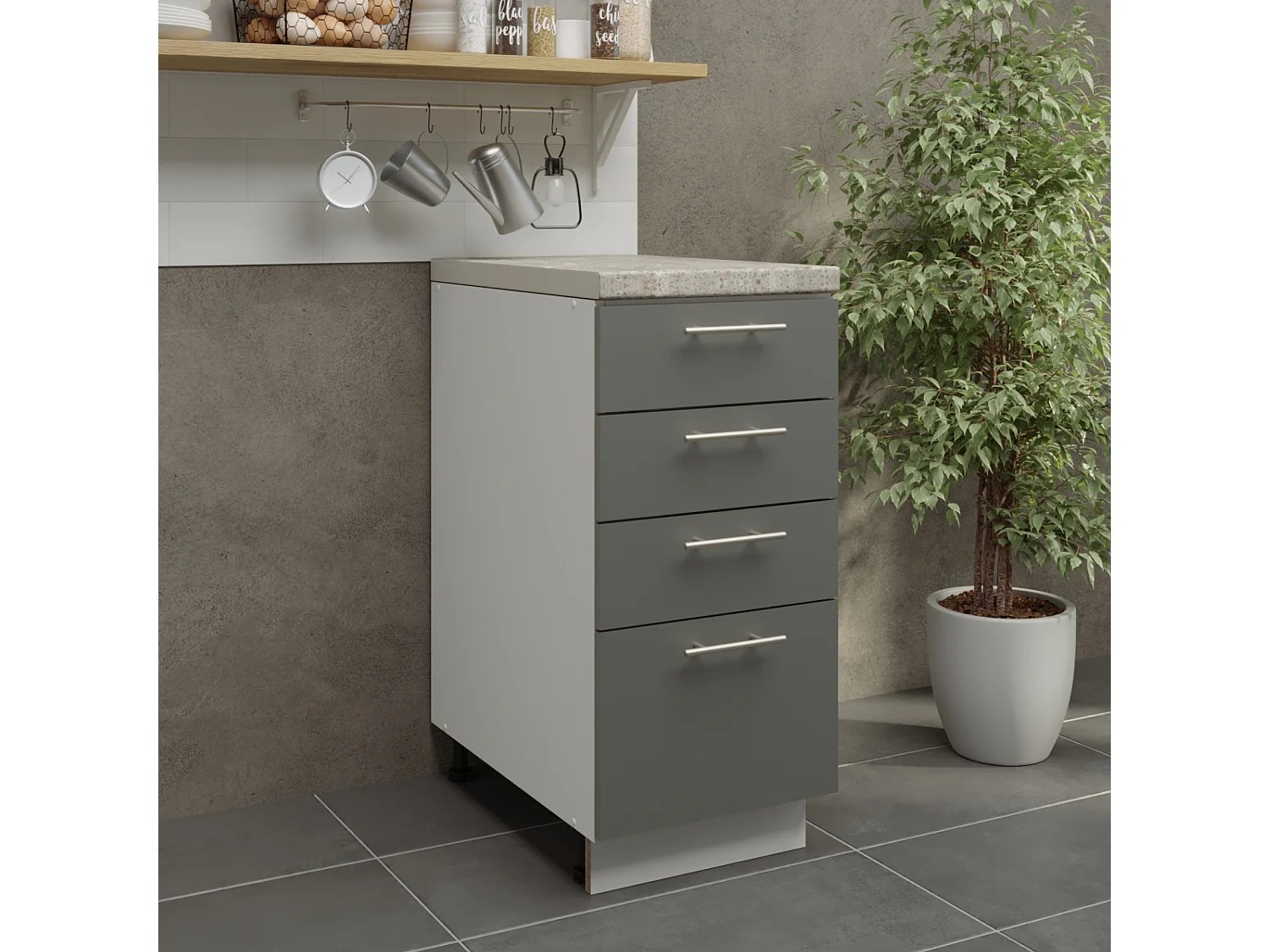 JD Greta Adjustable Legs Kitchen Drawer Unit 400mm Storage Cabinet With Door Shelf 40cm - Grey Matt With Worktop
