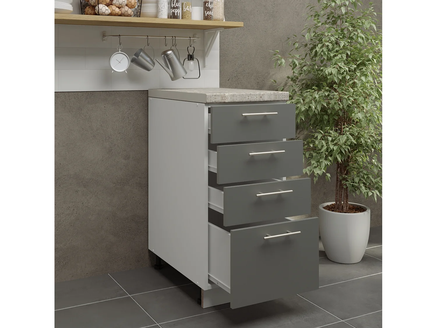 JD Greta Adjustable Legs Kitchen Drawer Unit 400mm Storage Cabinet With Door Shelf 40cm - Grey Matt With Worktop
