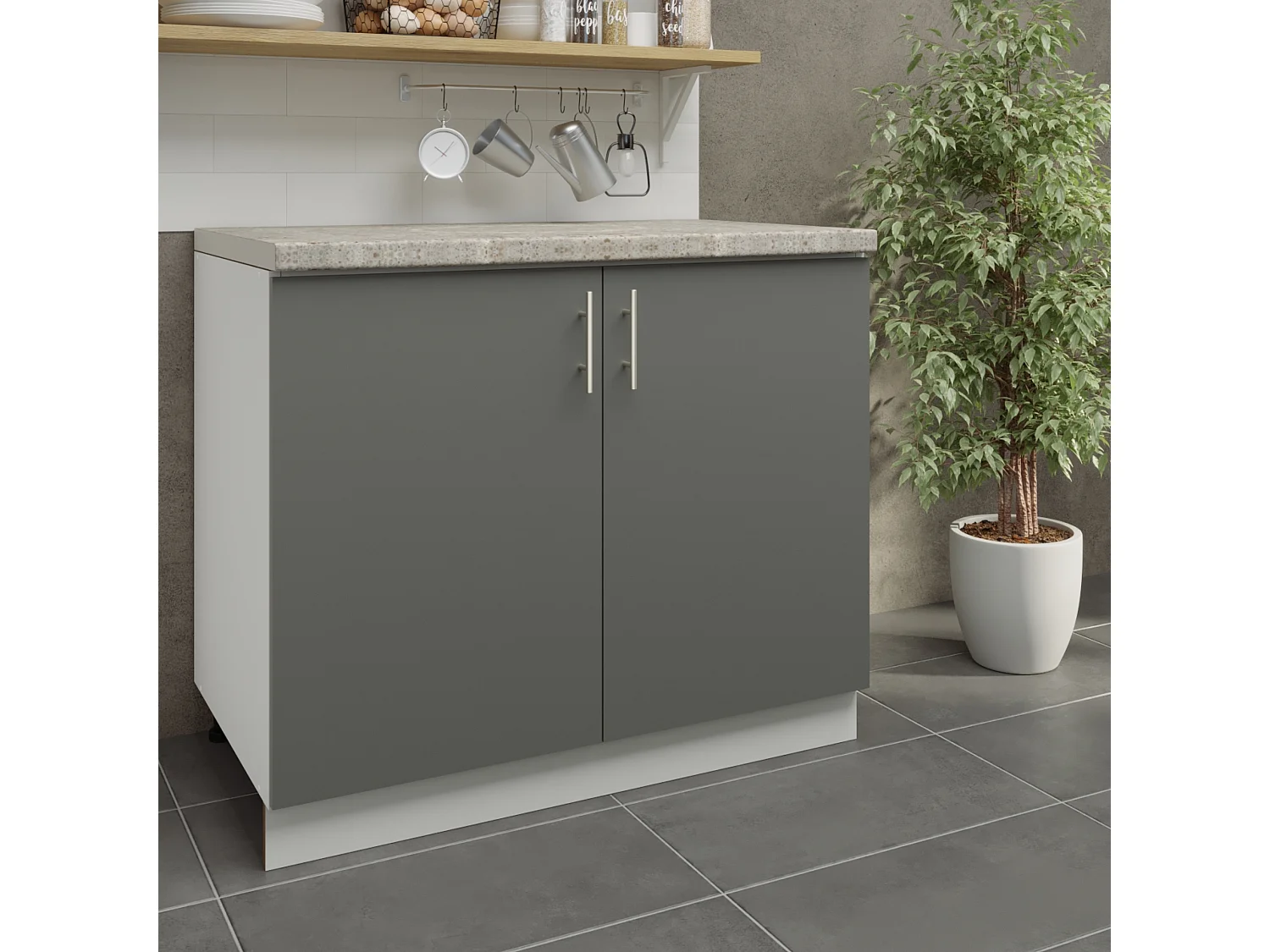 JD Greta Adjustable Legs Kitchen Base Unit 1000mm Storage Cabinet With Door Shelf 100cm - Grey Matt With Worktop