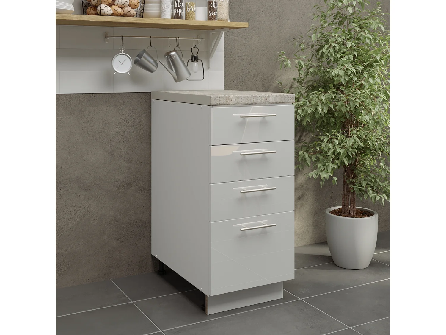 JD Greta Adjustable Legs Kitchen Drawer Unit 400mm Storage Cabinet With Door Shelf 40cm - White Gloss With Worktop
