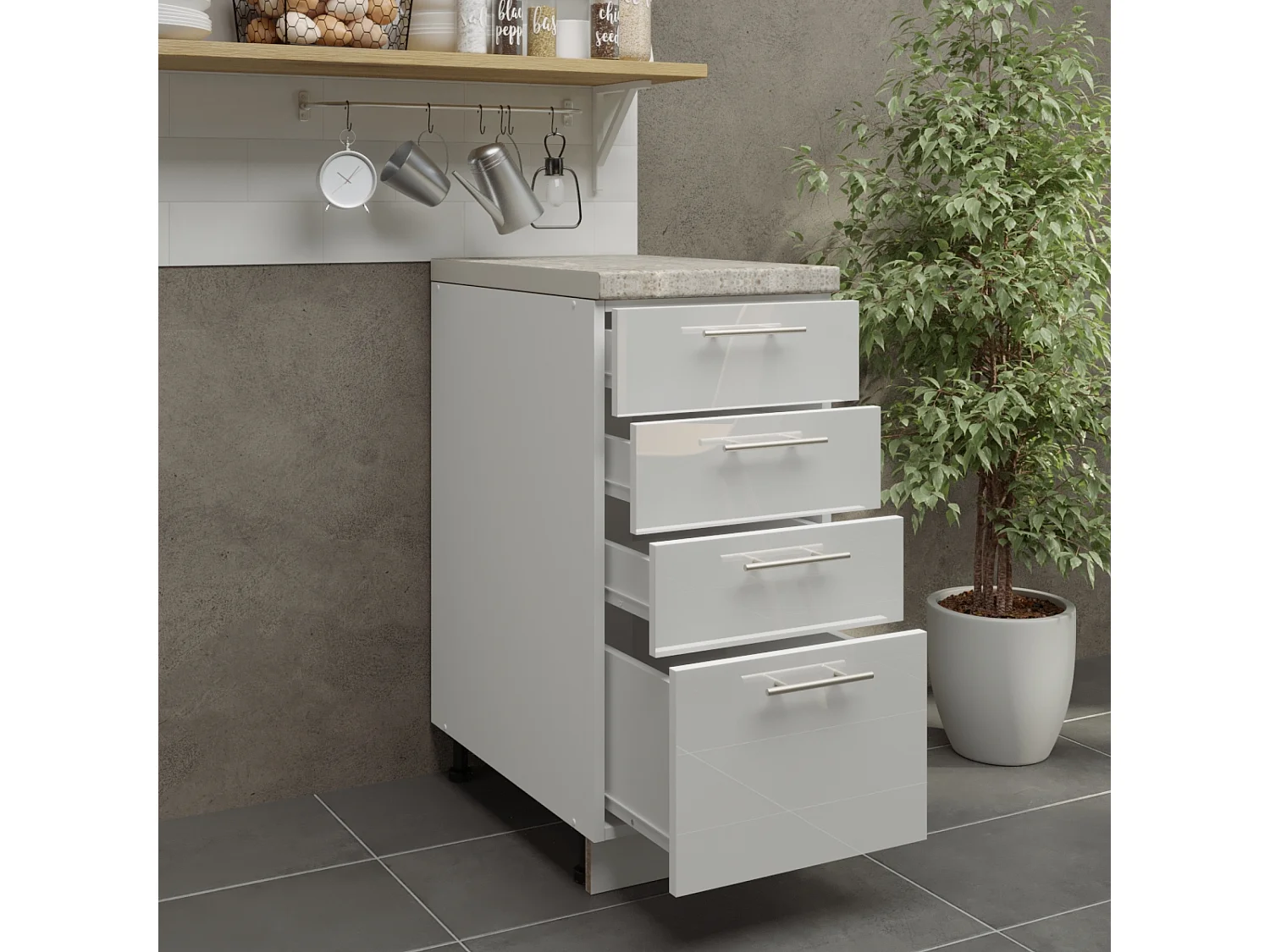 JD Greta Adjustable Legs Kitchen Drawer Unit 400mm Storage Cabinet With Door Shelf 40cm - White Gloss With Worktop