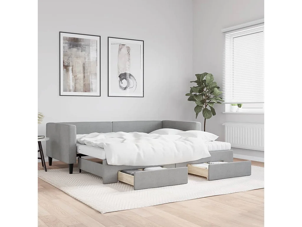 Berkfield Daybed with Trundle and Drawers Light Grey 90x190 cm Fabric