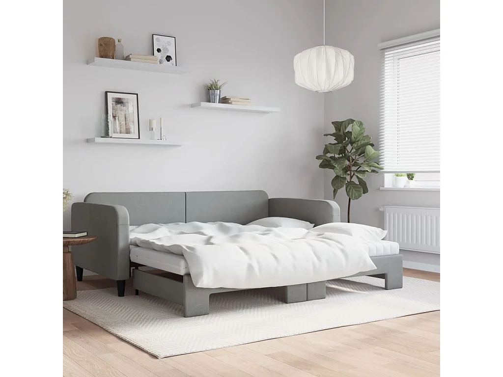 Berkfield Daybed with Trundle and Mattresses Light Grey 90x190 cm Fabric