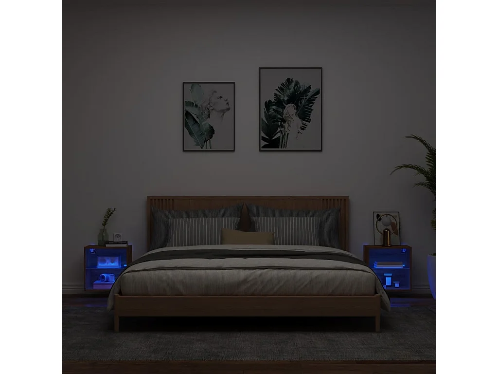 Berkfield Bedside Cabinets with LED Lights Wall-mounted 2 pcs Brown Oak