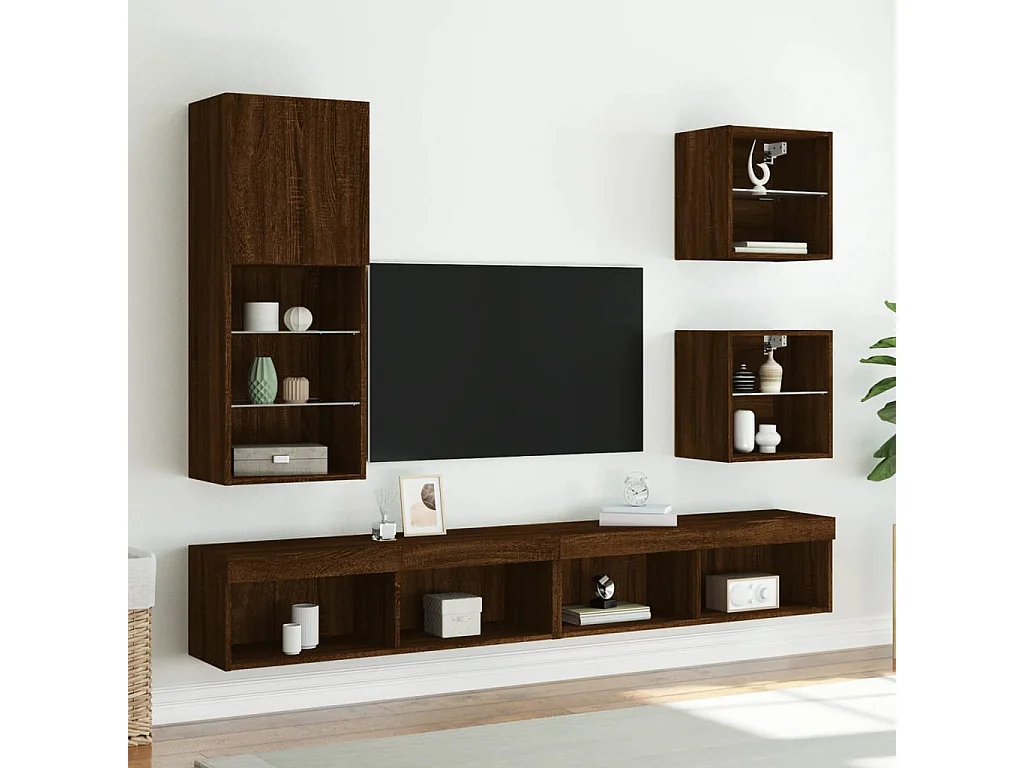 Berkfield Bedside Cabinets with LED Lights Wall-mounted 2 pcs Brown Oak