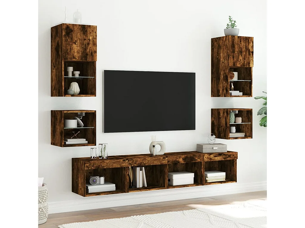 Berkfield Bedside Cabinets with LED Lights Wall-mounted 2 pcs Smoked Oak